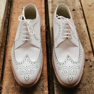 Handmade Men Wingtip Brogue Crepe Sole shoes, Men White Leather Shoes