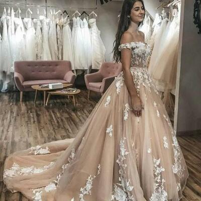 Champange off shoulder wedding dresses lace appliqued sweep train plus size wedding dress bridal gown - Thumbnail 2
