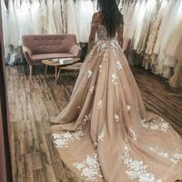 Champange Off Shoulder Wedding Dresses Lace Appliqued Sweep Train Plus Size Wedding Dress Bridal Gown - Thumbnail 1