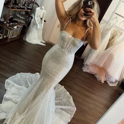 Mermaid wedding dresses straps glitter wedding dress bone bodice vintage bridal gowns - Thumbnail 3