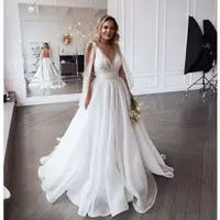 Beach Wedding Dresses V-Neck Pleats Organza A-Line Wedding Gown Plus Size Princess Bride Dress - Thumbnail 1