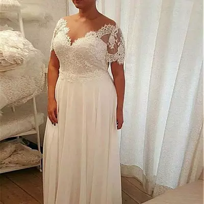 Plus size chiffon wedding dresses sheer neck lace top short sleeves appliques custom beach bridal gowns bride dress - Thumbnail 2