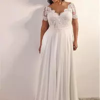 Plus Size Chiffon Wedding Dresses Sheer Neck Lace Top Short Sleeves Appliques Custom Beach Bridal Gowns Bride Dress - Thumbnail 1