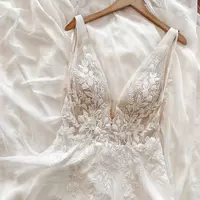 Wedding Dress V-Neck Sleeve Boho Rustic Wedding Gown - Thumbnail 1