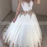 White Wedding Dress With Rose Gold Appliques Vintage Transparent Long Sleeves Bridal Dress - Thumbnail 1