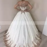 White Wedding Dress With Rose Gold Appliques Vintage Transparent Long Sleeves Bridal Dress - Thumbnail 2