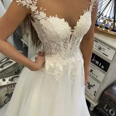 Sheer tulle o-neck lace applique vestido de noiva wedding dress - Thumbnail 2