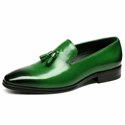 Handmade green tassel loafer slip on derby burnished toe genuine leather shoes - Thumbnail 1
