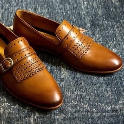 New handmade men's shoes, men's brown leather tassels monk strap casual shoes. - Thumbnail 1