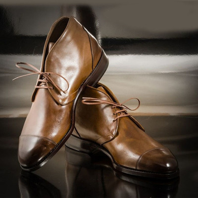 High ankle chukka brown burnished rounded toe superior leather lace up men boots - Thumbnail 1