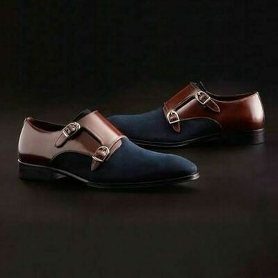 Men two tone shiny brown blue cont double buckle strap monks suede leather shoes - Thumbnail 3