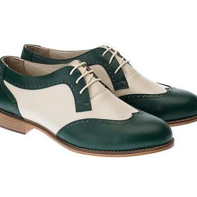 Handmade men swing dance green & beige oxfords shoes - Thumbnail 2