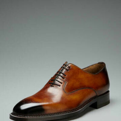 Men's shiny brown color burnished derby toe vintage leather laceup formal shoes - Thumbnail 1