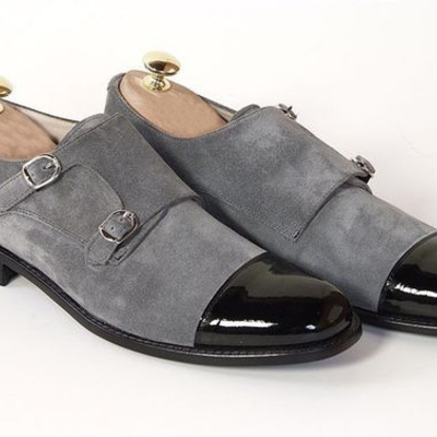 Men gray black cont monks double buckle strap derby cap toe suede leather shoes - Thumbnail 4