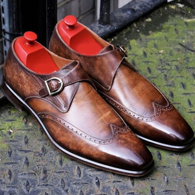 Burnished brown genuine leather wing tip men single buckle strap monk shoes - Thumbnail 1