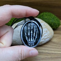 Skeleton hand pendant necklace polymer clay sculpture jewelry  - Thumbnail 1