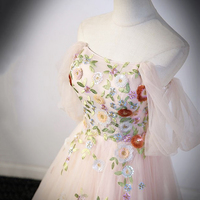 Pink Tulle Sequins Long Prom Dress, Off the Shoulder Evening Party Dress - Thumbnail 2