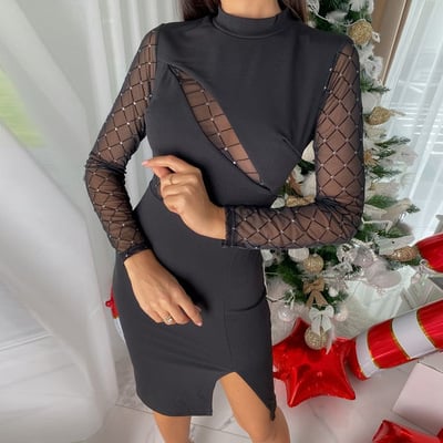 Slim black spliced mesh long sleeved dress