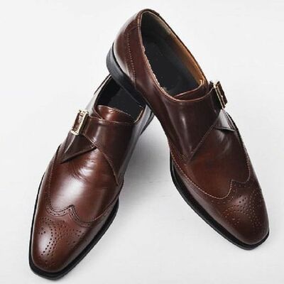 Men brown brogue wingtip single monk genuine handmade leather shoes - Thumbnail 3