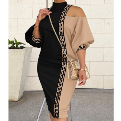 Retro long sleeve contrast off shoulder dress