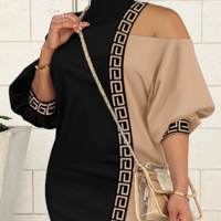 Retro Long Sleeve Contrast Off Shoulder Dress - Thumbnail 1