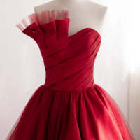 Strapless Burgundy Tulle Satin Long Prom Dresses, Wine Red Long Fomal Gowns KPP1625 - Thumbnail 2
