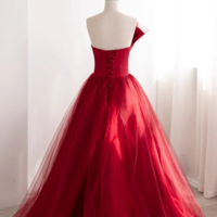 Strapless Burgundy Tulle Satin Long Prom Dresses, Wine Red Long Fomal Gowns KPP1625 - Thumbnail 1