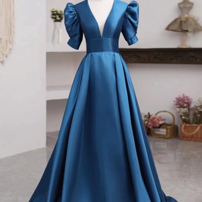Short sleeves peacock blue long prom dresses, peacock blue long formal evening dresses kpp1626