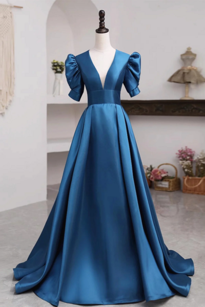 Short Sleeves Peacock Blue Long Prom Dresses, Peacock Blue Long Formal Evening Dresses KPP1626