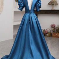 Short Sleeves Peacock Blue Long Prom Dresses, Peacock Blue Long Formal Evening Dresses KPP1626 - Thumbnail 1
