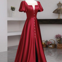 Short Sleeves Burgundy Long Prom Dresses with High Slit, Wine Red High Slit Long Formal Evening Dresses KPP1627 - Thumbnail 1