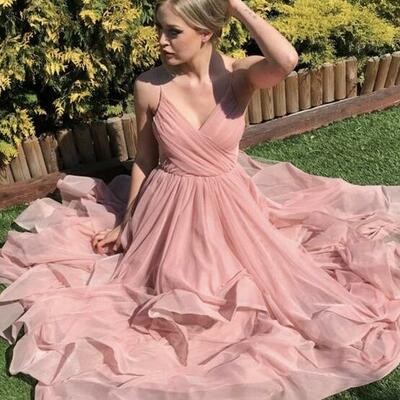 A line floor length v neck pink long prom dresses