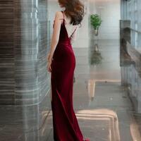 Mermaid Burgundy Velvet Slit Long Evening Dresses - Thumbnail 1