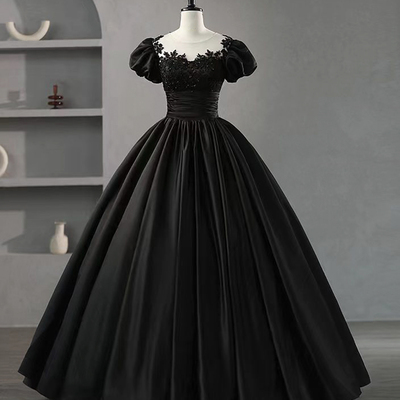 Black satin lace long prom dress, black a-line evening party dress - Thumbnail 1