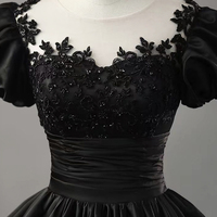 Black Satin Lace Long Prom Dress, Black A-Line Evening Party Dress - Thumbnail 1