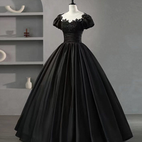 Black Satin Lace Long Prom Dress, Black A-Line Evening Party Dress - Thumbnail 2
