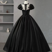 Black Satin Lace Long Prom Dress, Black A-Line Evening Party Dress - Thumbnail 3