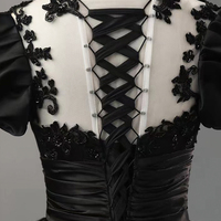 Black Satin Lace Long Prom Dress, Black A-Line Evening Party Dress - Thumbnail 4