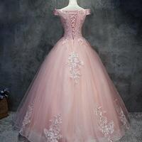 Cap Sleeves Ball Gown Pink Tulle With Lace Prom Dresses - Thumbnail 1