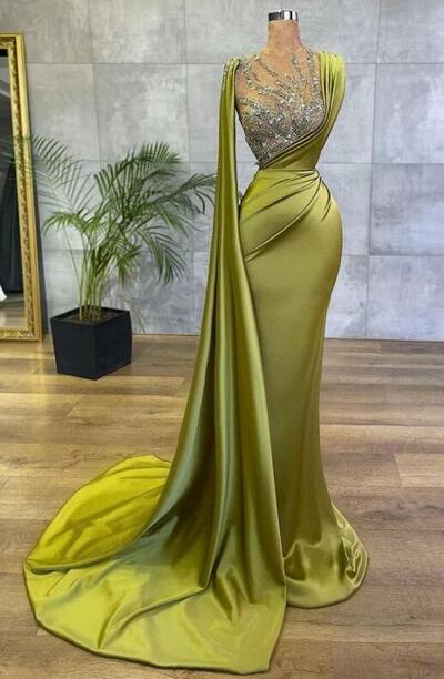 Vintage Mermaid Jewel Satin Emerald Green Long Prom Dresses 