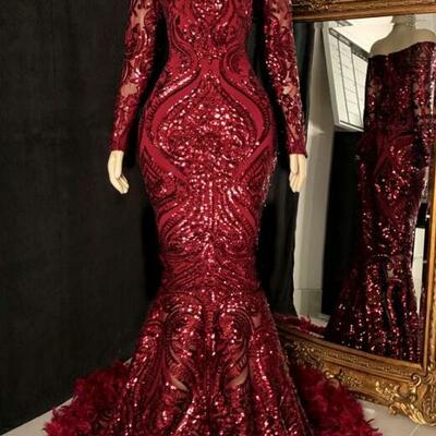Mermaid off the shoulder burgundy sequin prom dresses with feather 