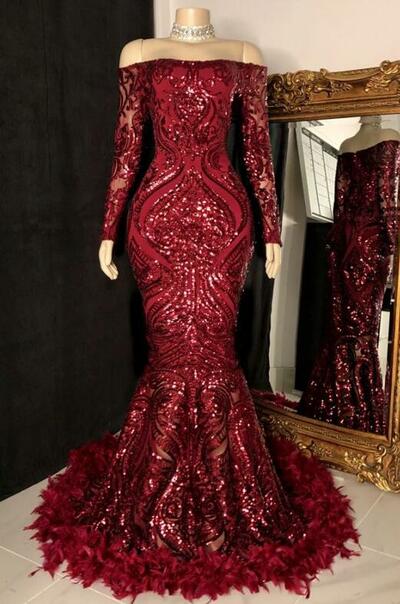 Mermaid Off The Shoulder Burgundy Sequin Prom Dresses with Feather 