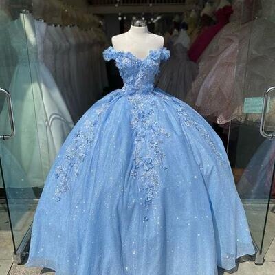 Off the shoulder ball gown blue prom evening gowns