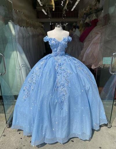 Off The Shoulder Ball Gown Blue Prom Evening Gowns