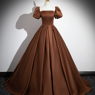 Brown satin long prom dress, off the shoulder evening party dress - Thumbnail 1