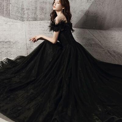 A line black chiffon prom dresses with lace - Thumbnail 4