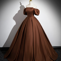 Brown Satin Long Prom Dress, Off the Shoulder Evening Party Dress - Thumbnail 3