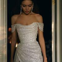 Off the Shoulder Bling A Line Long Prom Sequin Prom Dress with Split Front - Thumbnail 1