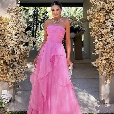 Strapless modest pink prom evening dresses