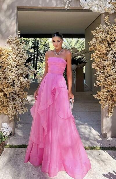 Strapless modest pink prom evening dresses
